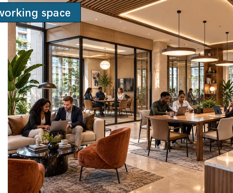 Longines Bay co-working space with modern workstations, meeting areas, comfortable seating and contemporary office interiors.