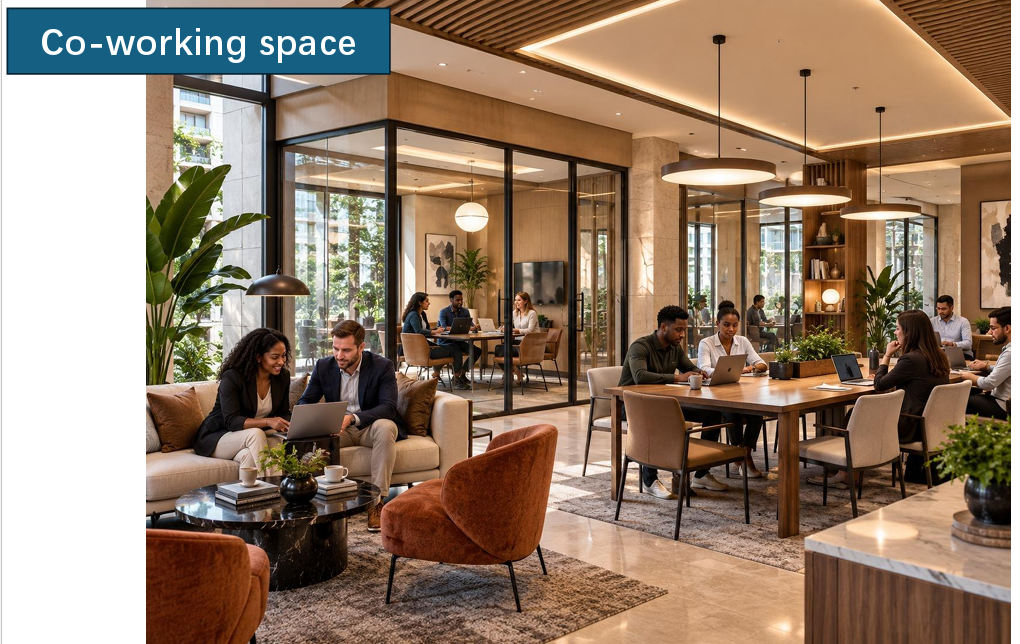 Longines Bay co-working space with modern workstations, meeting areas, comfortable seating and contemporary office interiors.