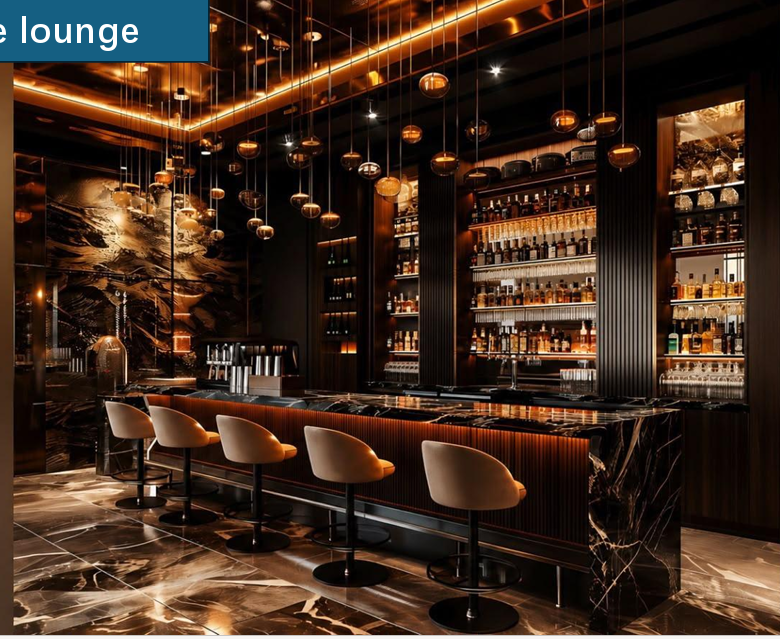 Longines Bay coffee lounge with luxury counter seating, decorative pendant lighting and contemporary interior finishes.