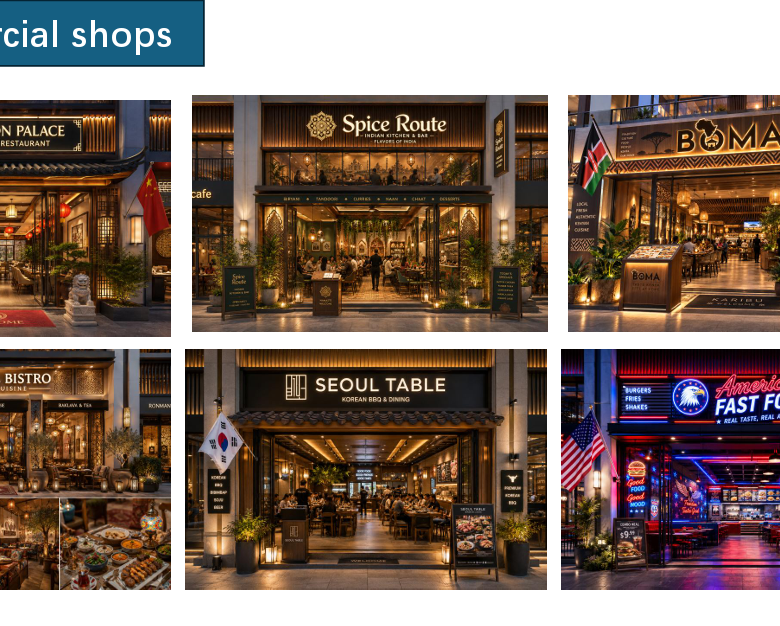 Longines Bay commercial shops concept featuring modern restaurant storefronts and diverse retail dining spaces.