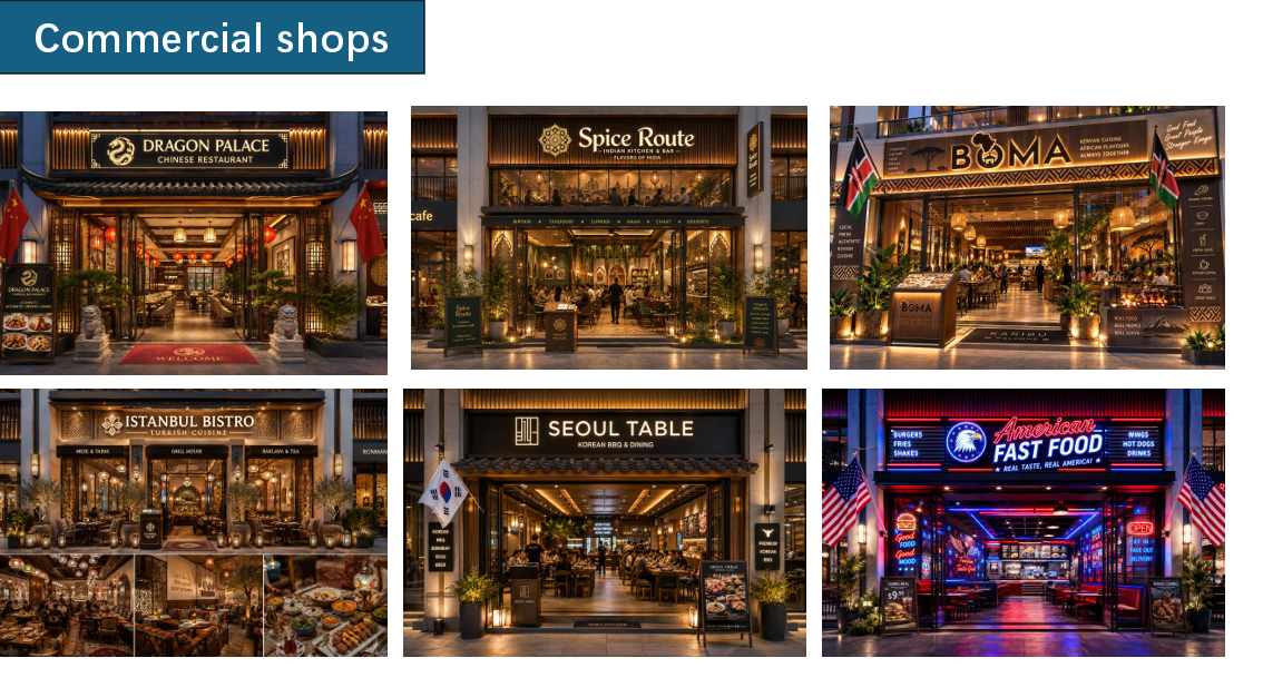 Longines Bay commercial shops concept featuring modern restaurant storefronts and diverse retail dining spaces.