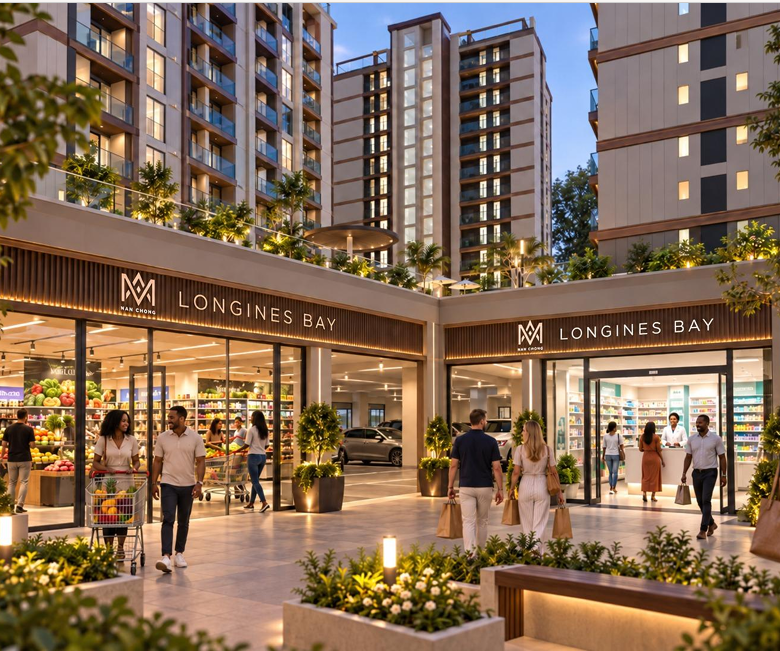 Longines Bay mixed-use development exterior showing modern retail shops, commercial storefronts and residential apartment buildings.