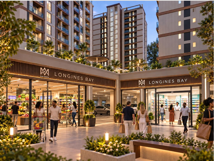 Longines Bay mixed-use development exterior showing modern retail shops, commercial storefronts and residential apartment buildings.