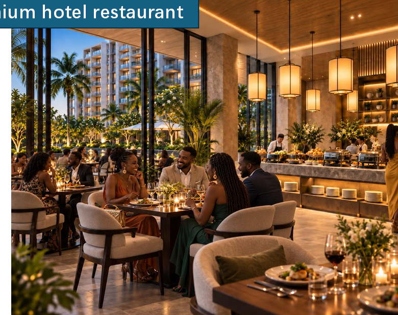 Longines Bay premium hotel restaurant concept with elegant dining tables, modern lighting and contemporary hospitality interiors.
