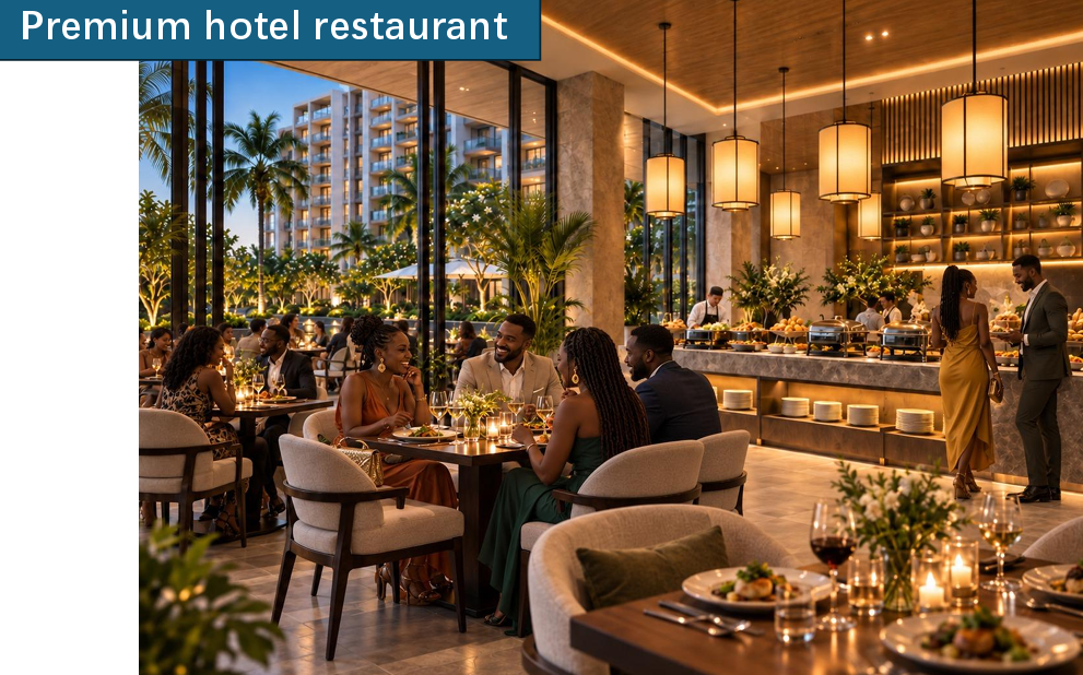 Longines Bay premium hotel restaurant concept with elegant dining tables, modern lighting and contemporary hospitality interiors.