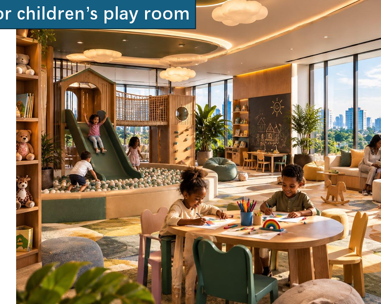 Longines Bay indoor children's playroom with slides, ball pit, educational activity tables and comfortable family seating.