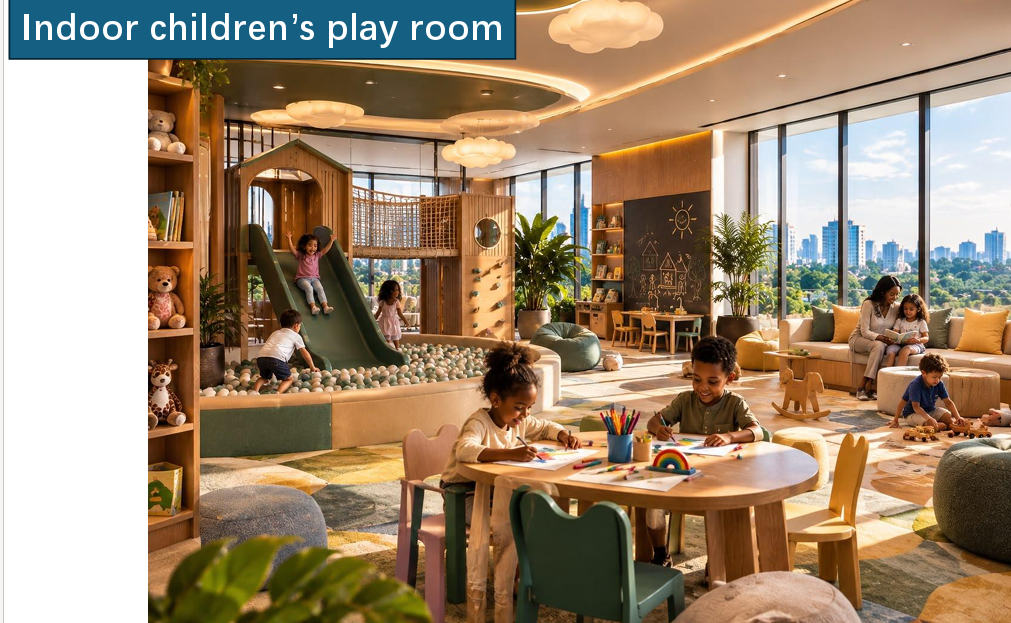 Longines Bay indoor children's playroom with slides, ball pit, educational activity tables and comfortable family seating.