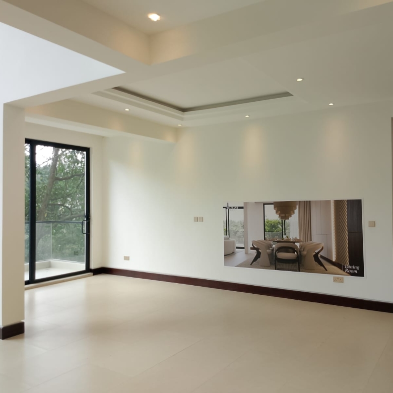 Radiant Villas spacious living and dining room in Westlands Nairobi with modern ceiling design and balcony access.