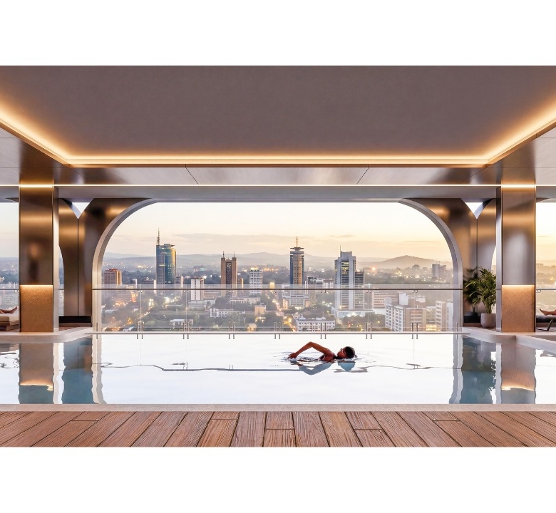 Sonder Space Residence rooftop swimming pool in Kileleshwa Nairobi with luxury relaxation areas and panoramic skyline views.