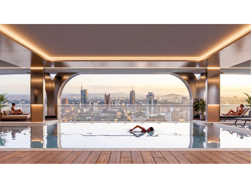 Sonder Space Residence rooftop swimming pool in Kileleshwa Nairobi with luxury relaxation areas and panoramic skyline views.