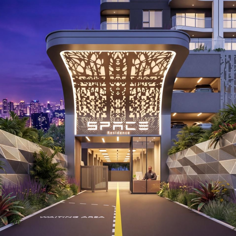 Sonder Space Residence main entrance in Kileleshwa Nairobi featuring illuminated entrance canopy, security station and landscaped driveway.