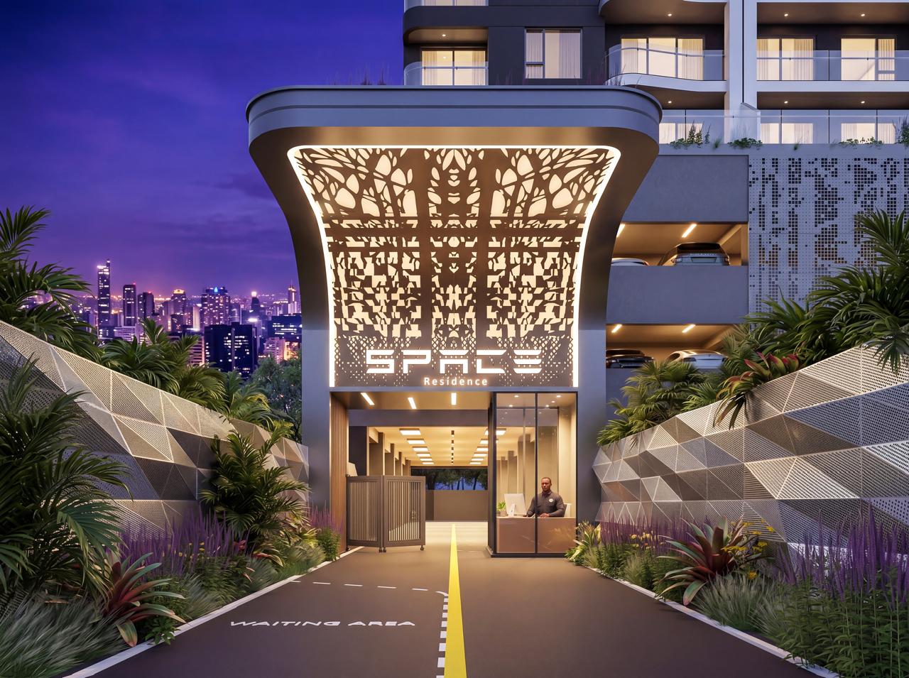Sonder Space Residence main entrance in Kileleshwa Nairobi featuring illuminated entrance canopy, security station and landscaped driveway.