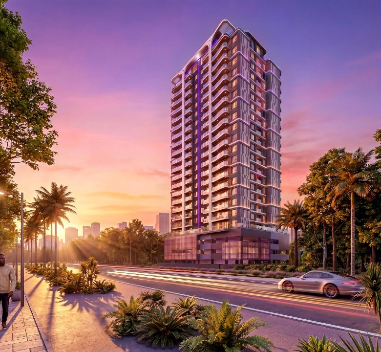 Sonder Space Residence luxury apartment building exterior in Kileleshwa Nairobi with modern balconies and sunset views.