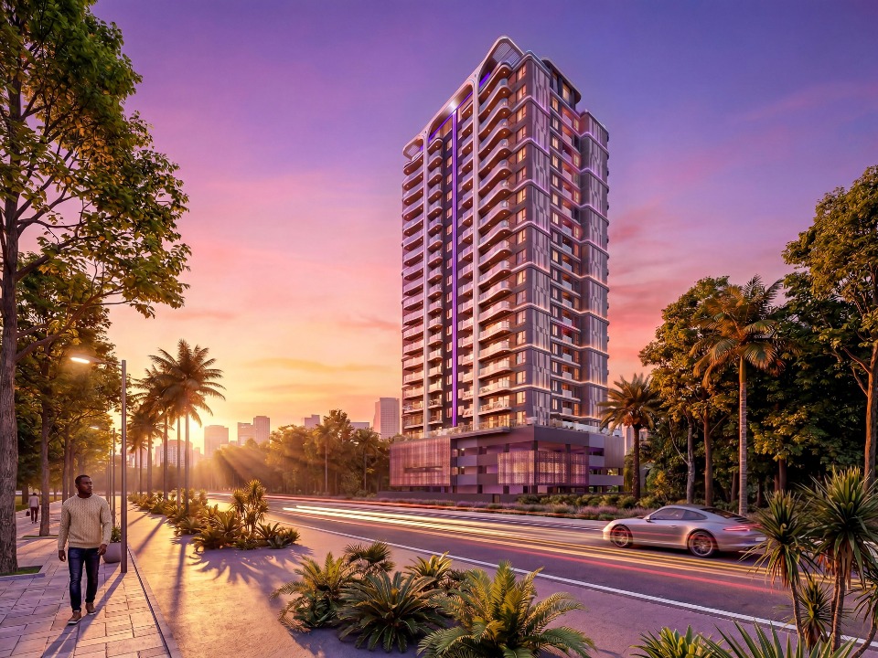 Sonder Space Residence luxury apartment building exterior in Kileleshwa Nairobi with modern balconies and sunset views.
