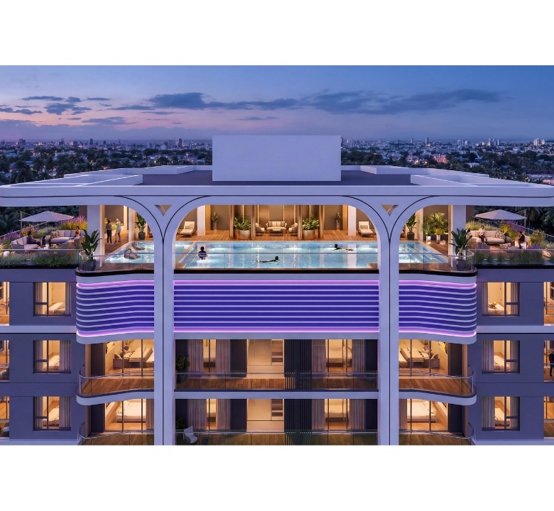 Sonder Space Residence rooftop swimming pool in Kileleshwa Nairobi featuring outdoor lounge areas and panoramic city views.
