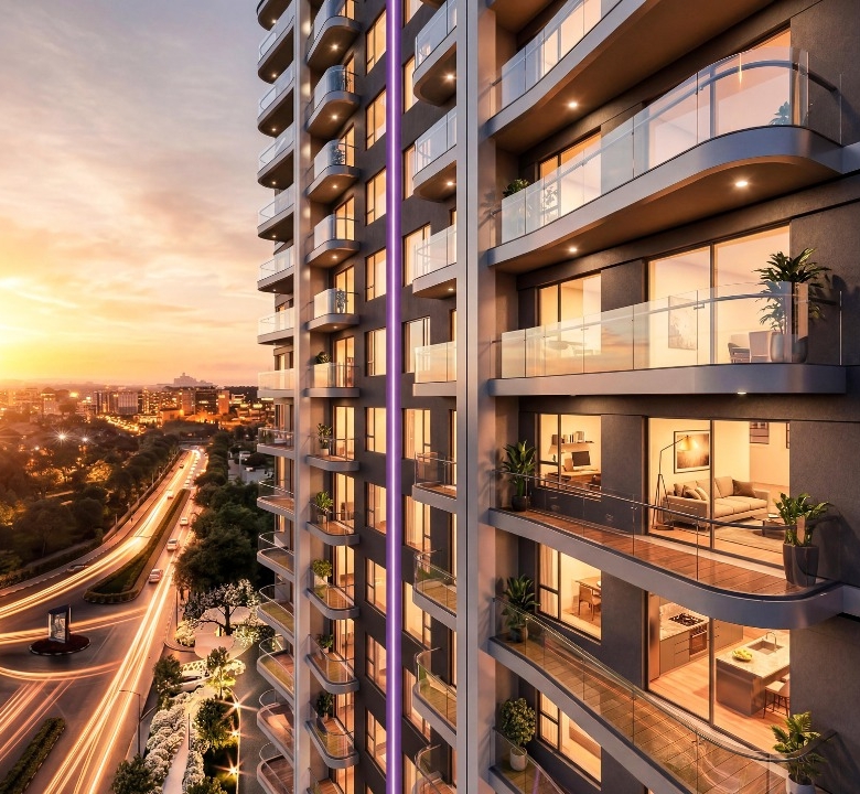 Sonder Space Residence side exterior view in Kileleshwa Nairobi showcasing glass balconies, modern apartments and sunset city views.