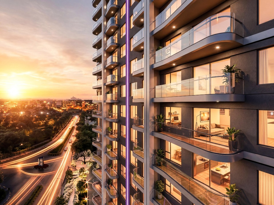 Sonder Space Residence side exterior view in Kileleshwa Nairobi showcasing glass balconies, modern apartments and sunset city views.