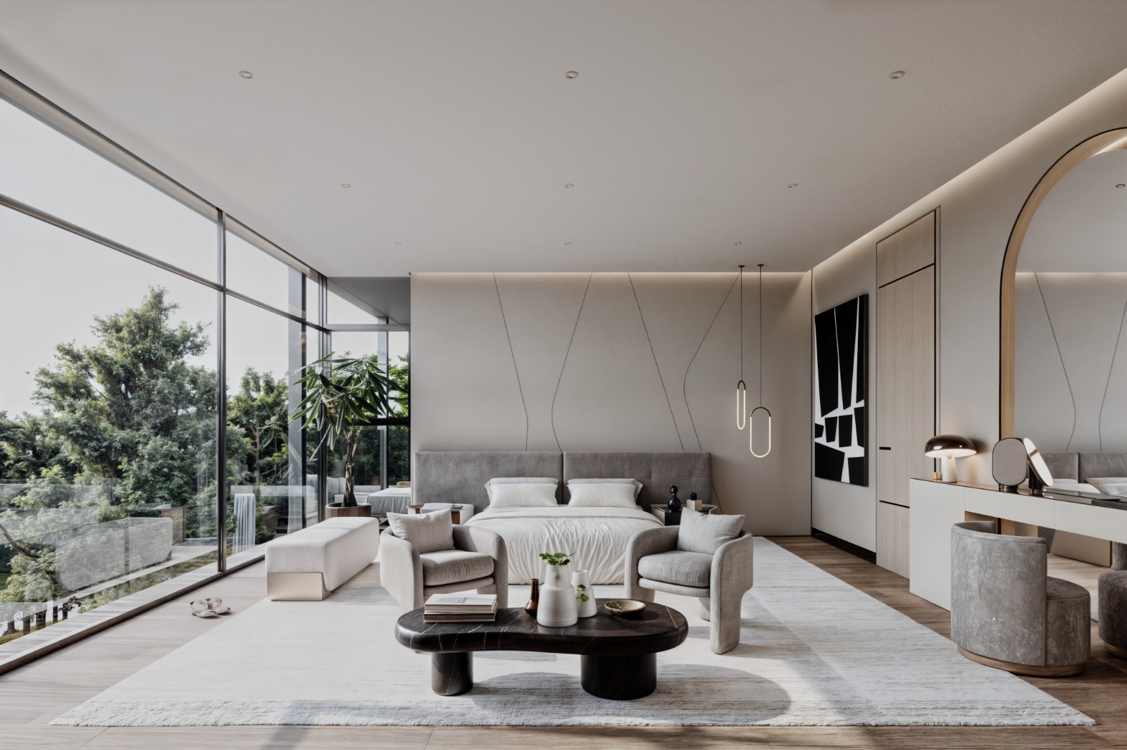 Leroux Villas spacious bedroom with a modern lounge area and garden views