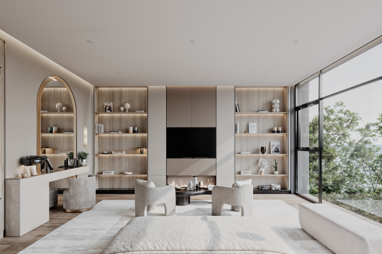 Leroux Villas luxury bedroom with elegant furnishings and floor-to-ceiling windows