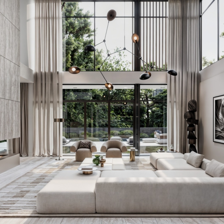 Leroux Villas double-volume living room with floor-to-ceiling windows and modern fireplace
