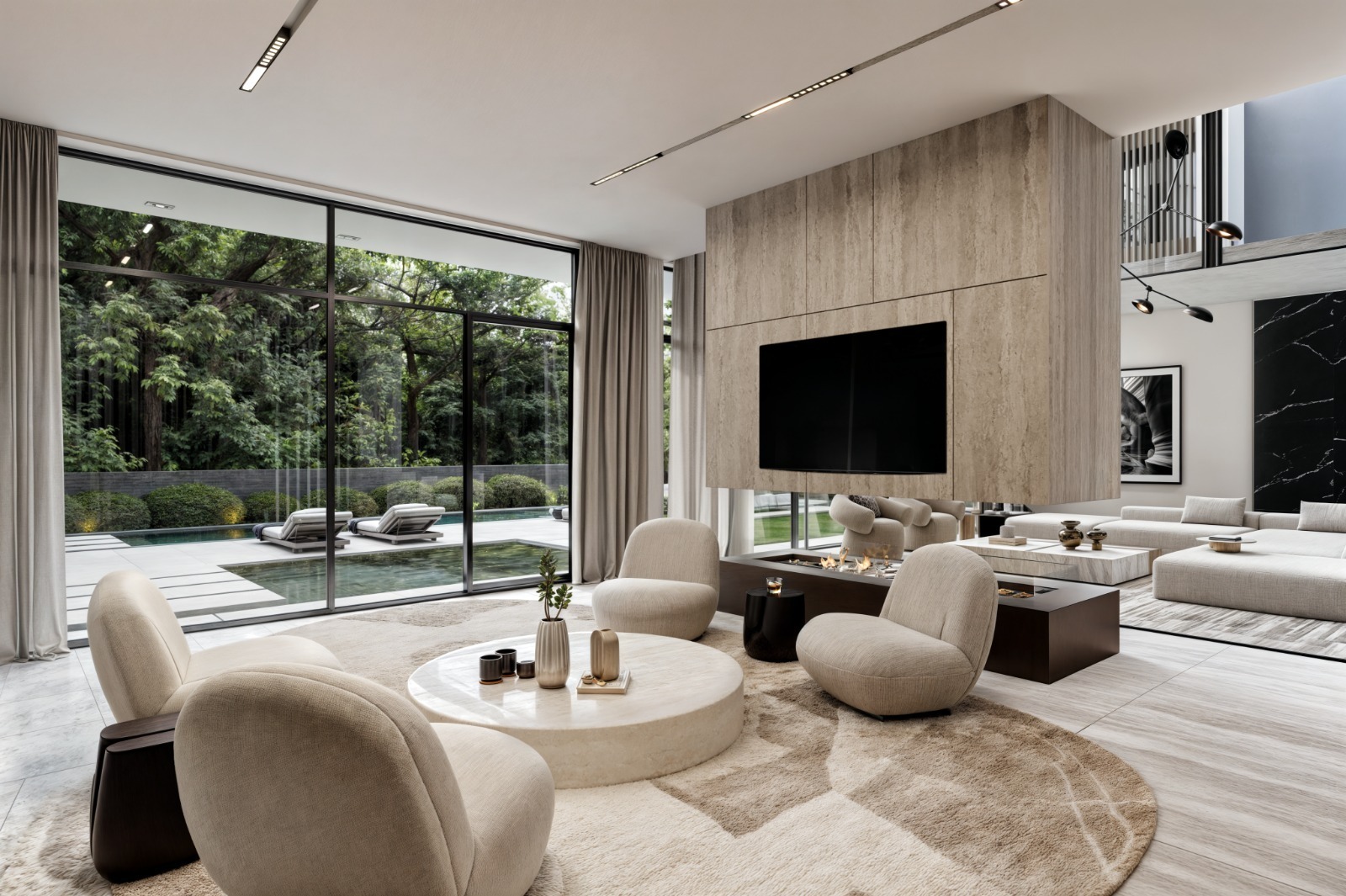 Leroux Villas luxury lounge with contemporary seating and garden-facing glass doors