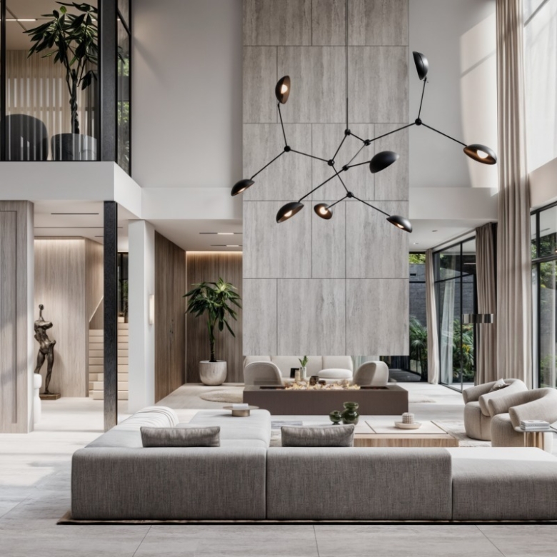 Leroux Villas modern living room with marble feature wall and designer furnishings