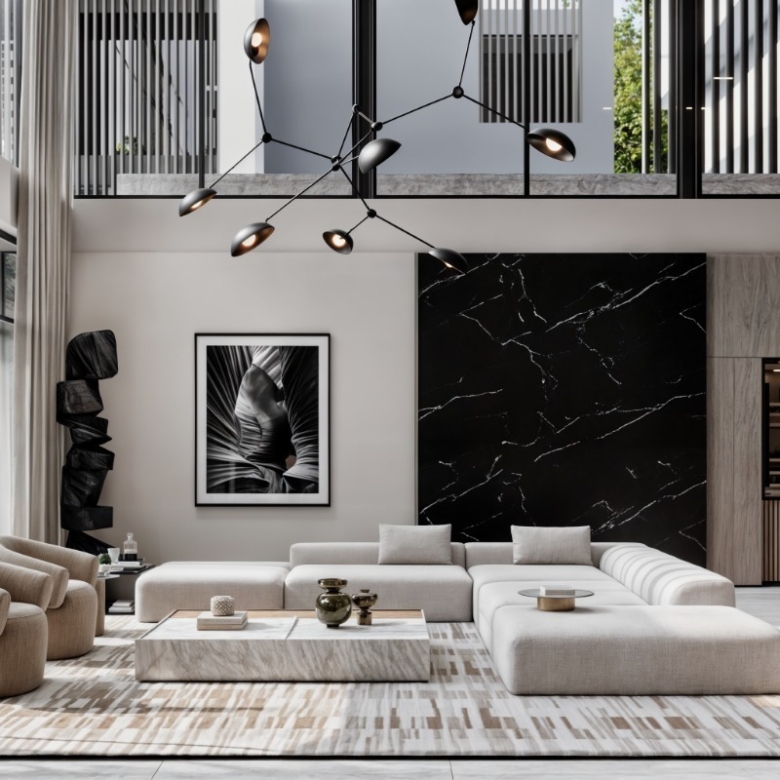 Leroux Villas open-plan living and dining area with double-volume ceilings
