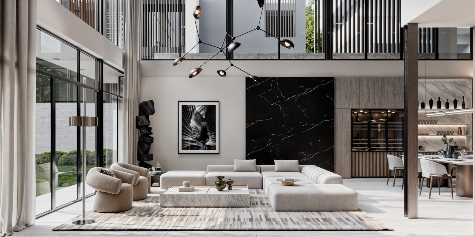Leroux Villas open-plan living and dining area with double-volume ceilings
