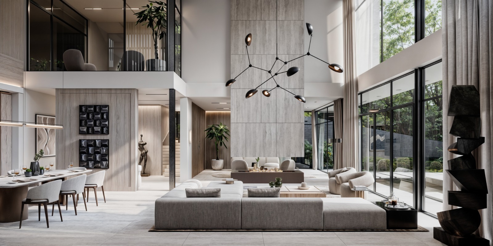 Leroux Villas modern living room with marble feature wall and designer furnishings